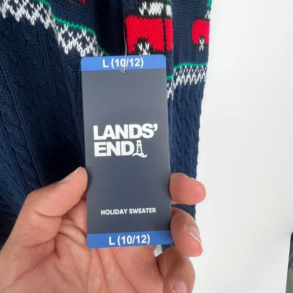 NWT‎ Lands End Kids Boys Sweater Large 10-12 Navy Christmas Tree Truck Holiday